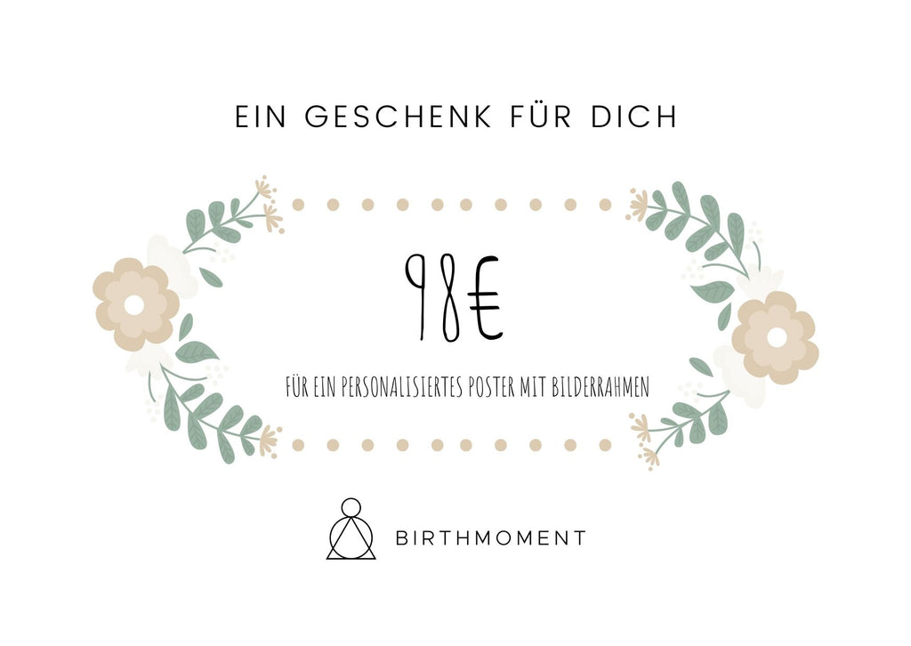 Birthmoment 98€ Geschenkgutschein für ein Poster mit Rahmen